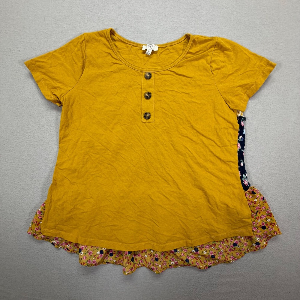 Umgee Women Top Relaxed Mustard Yellow Mixed Media Tiered Floral Henley M